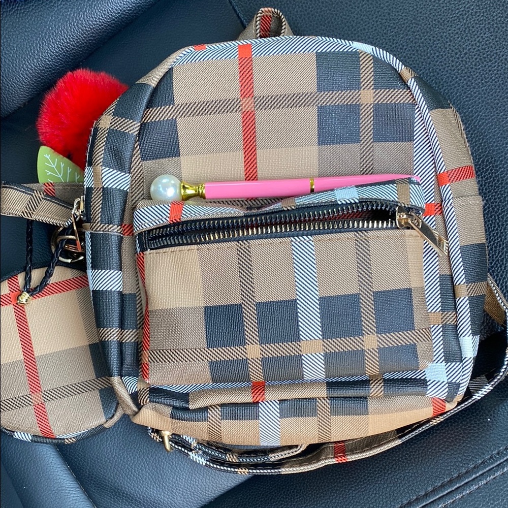 Plaid Tan and Black Mini Backpack
